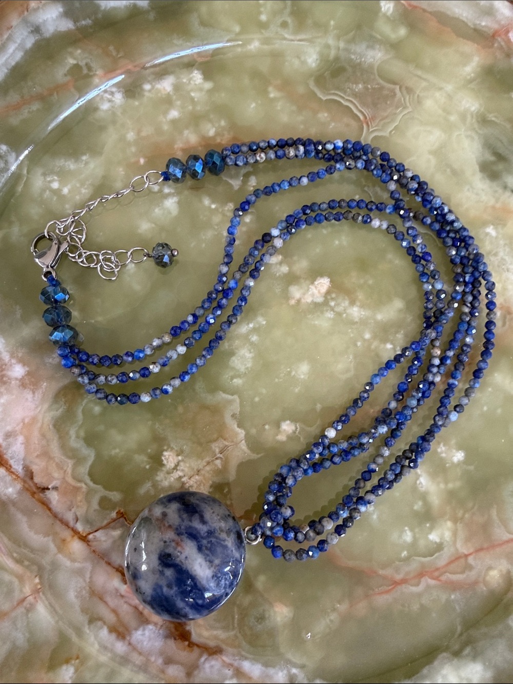 Triple Strand Blue Bead Necklace with Natural Stone Pendant